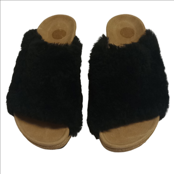 🆕 BIRKENSTOCK PAPILLIO "NAMICA" BLACK TEDDY SHEARLING WOOL OPEN TOE WEDGE MULES - Picture 5 of 16